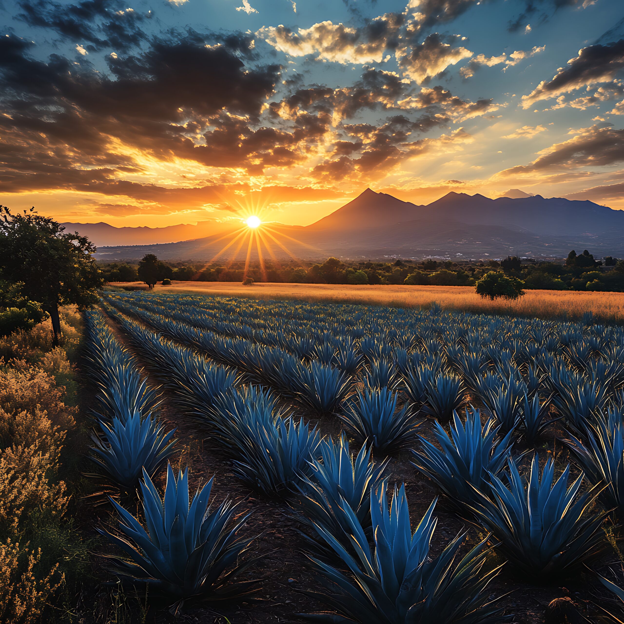 Destinos agave plantation at sunset in mexico.