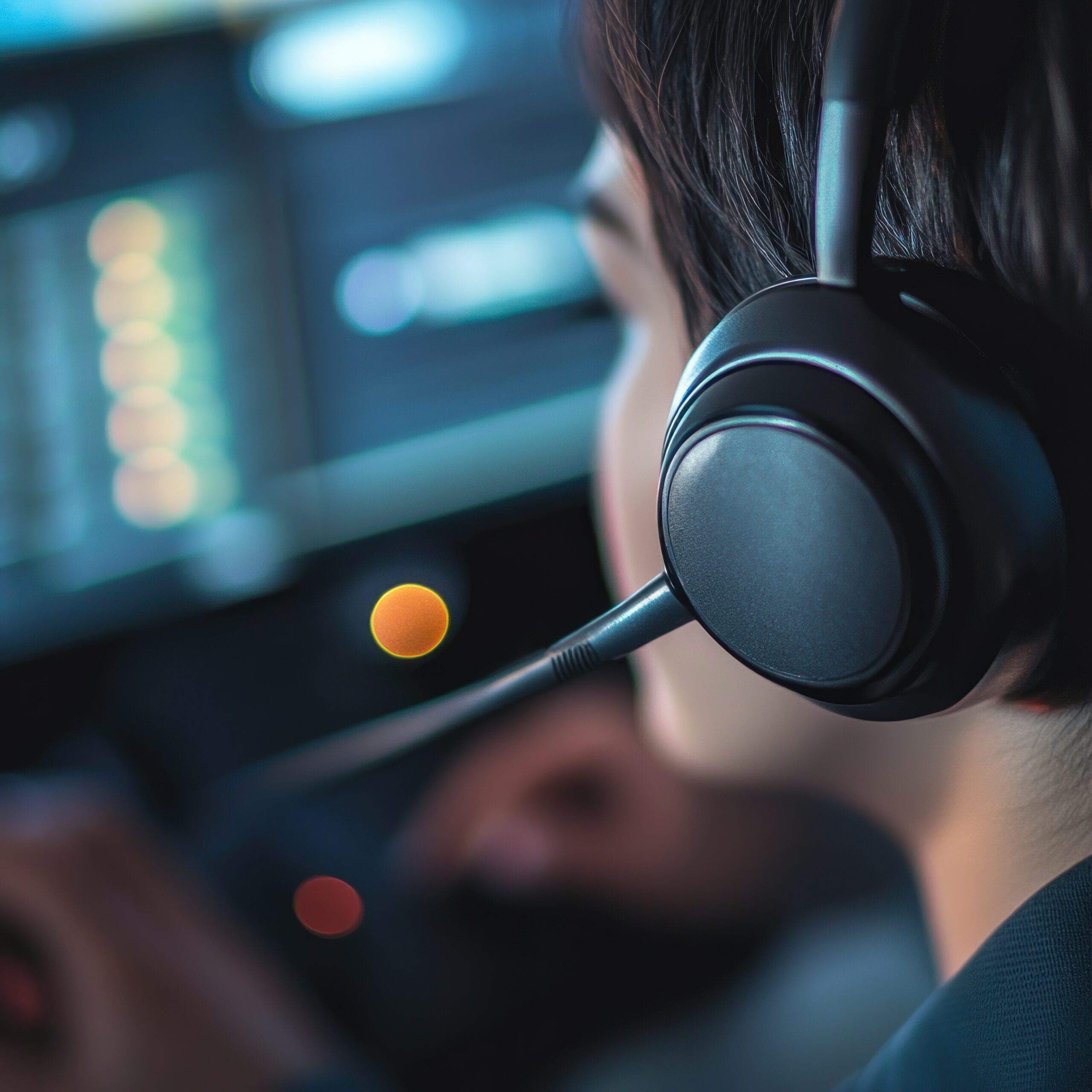 Destinos close up of person wearing headset, focused on computer screen.
