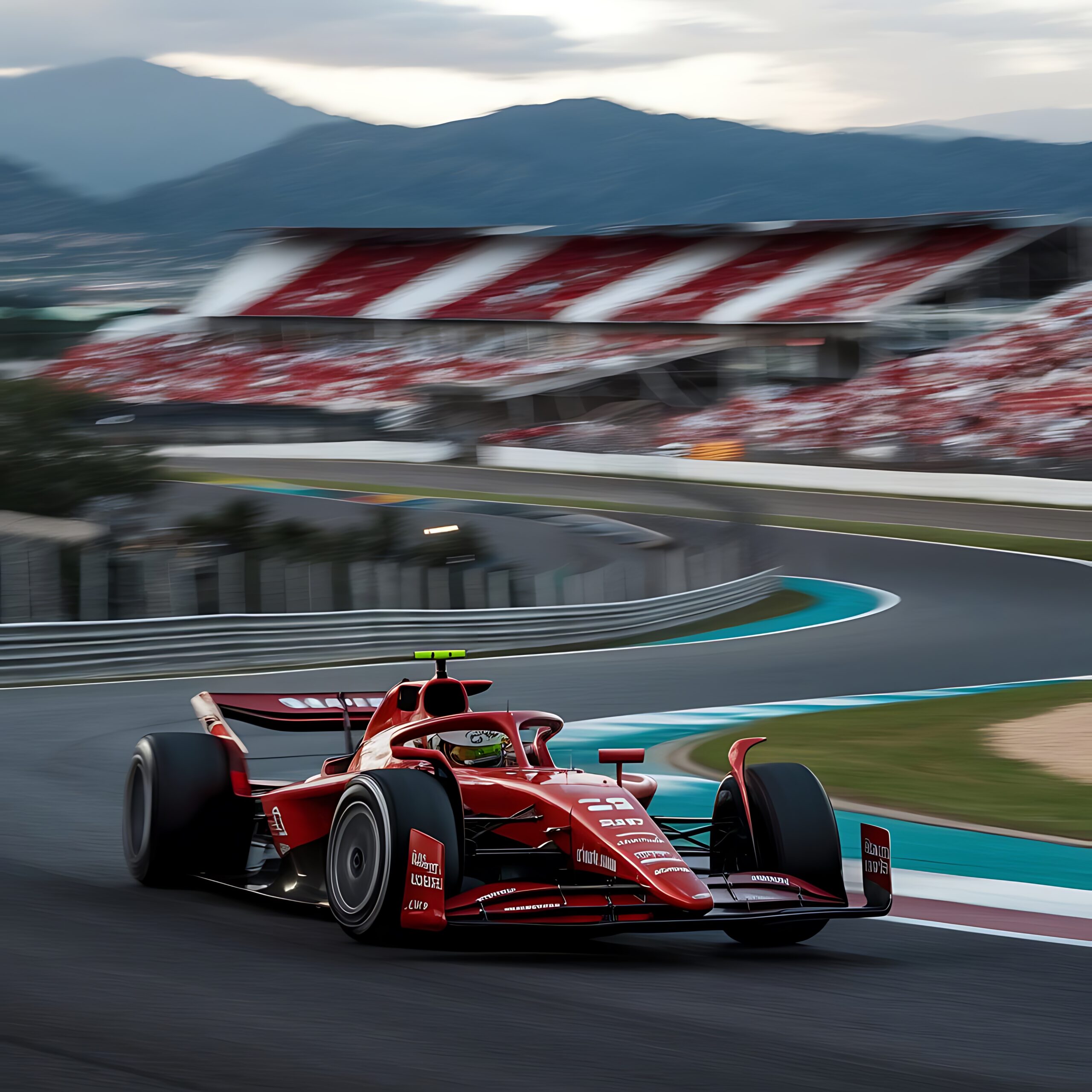 Destinos dinami8c shot driver races red formula one car winding racetrack grandstands background bl