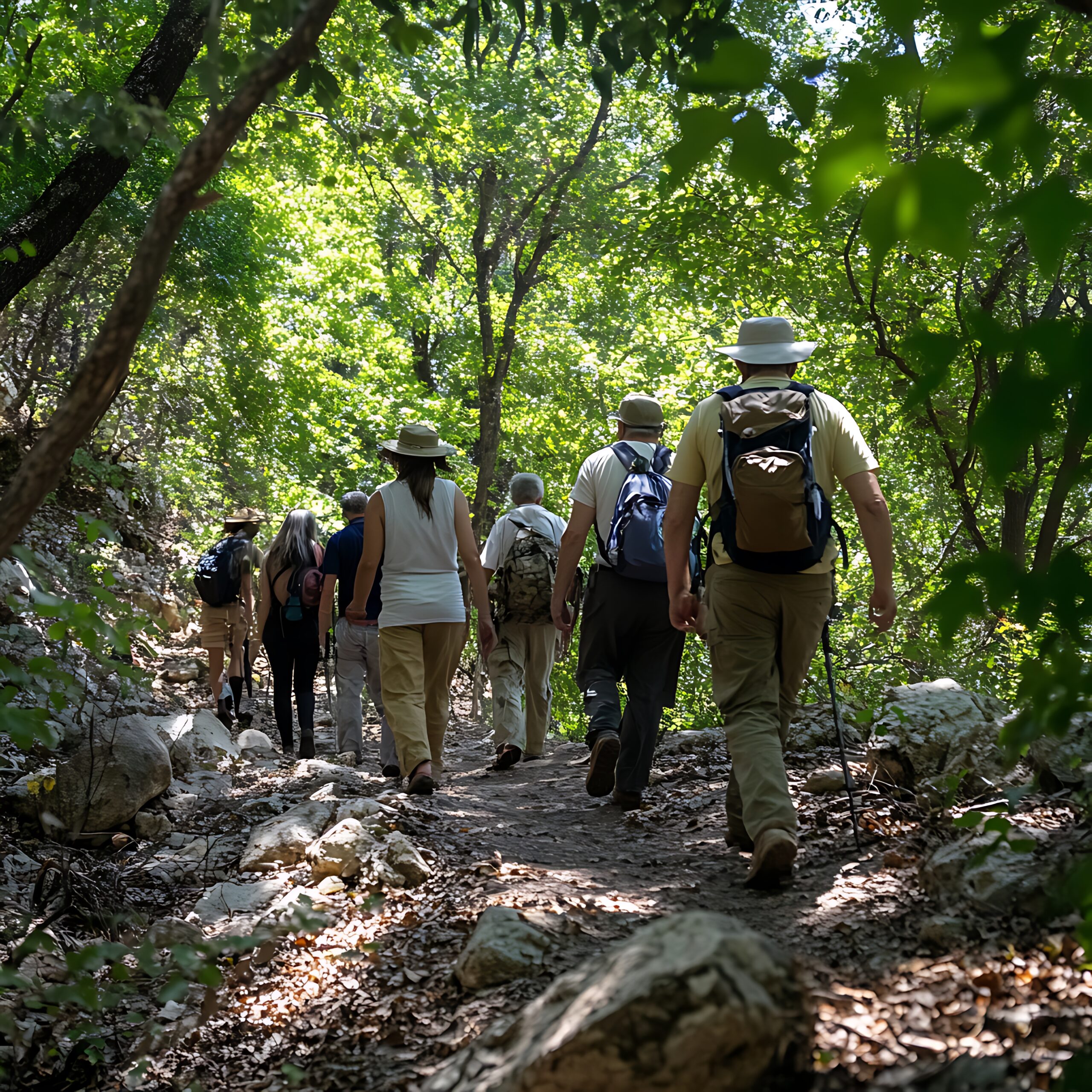 Servicios group of hikers walking through a forest trail.