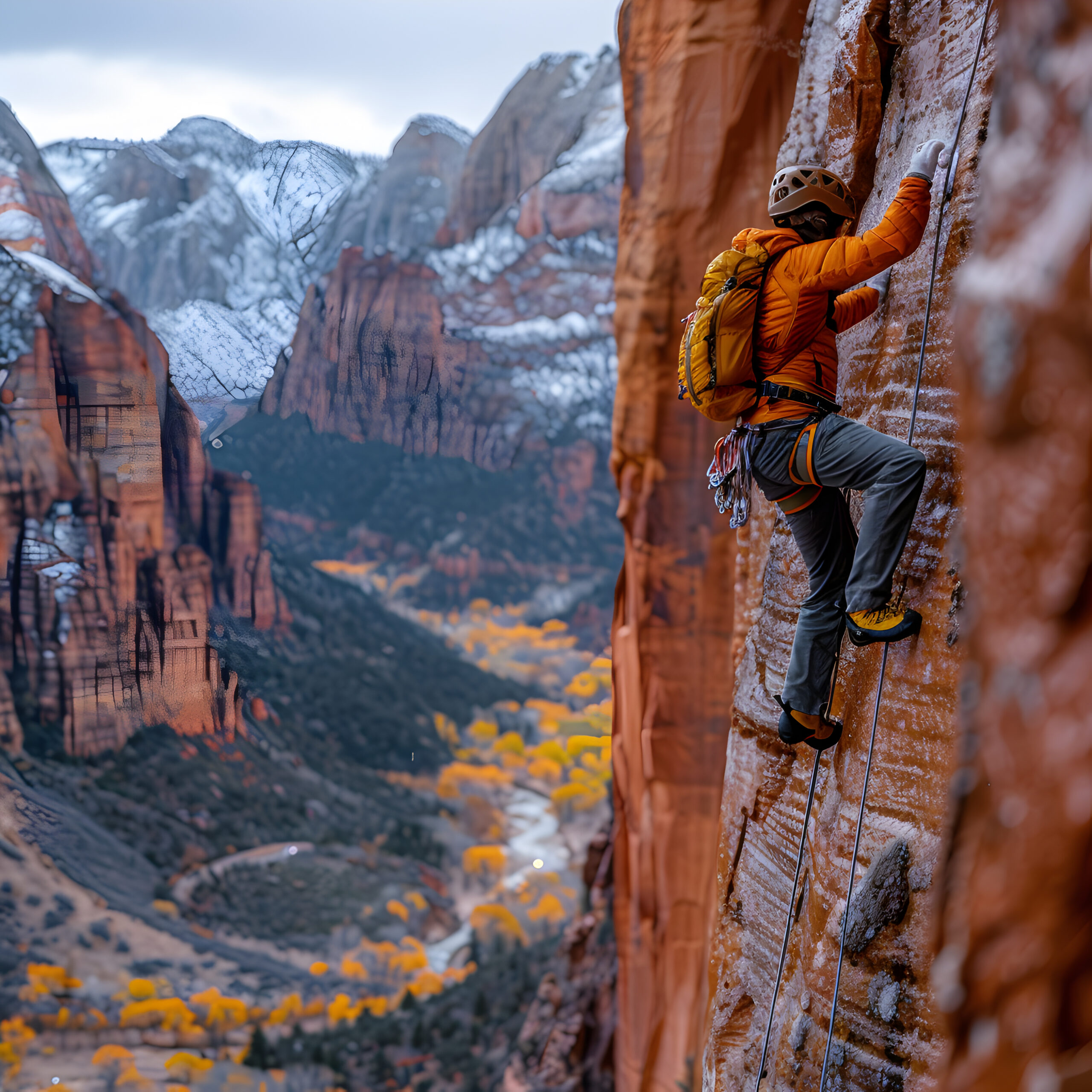 Inicio man is climbing steep rock face with mountain background