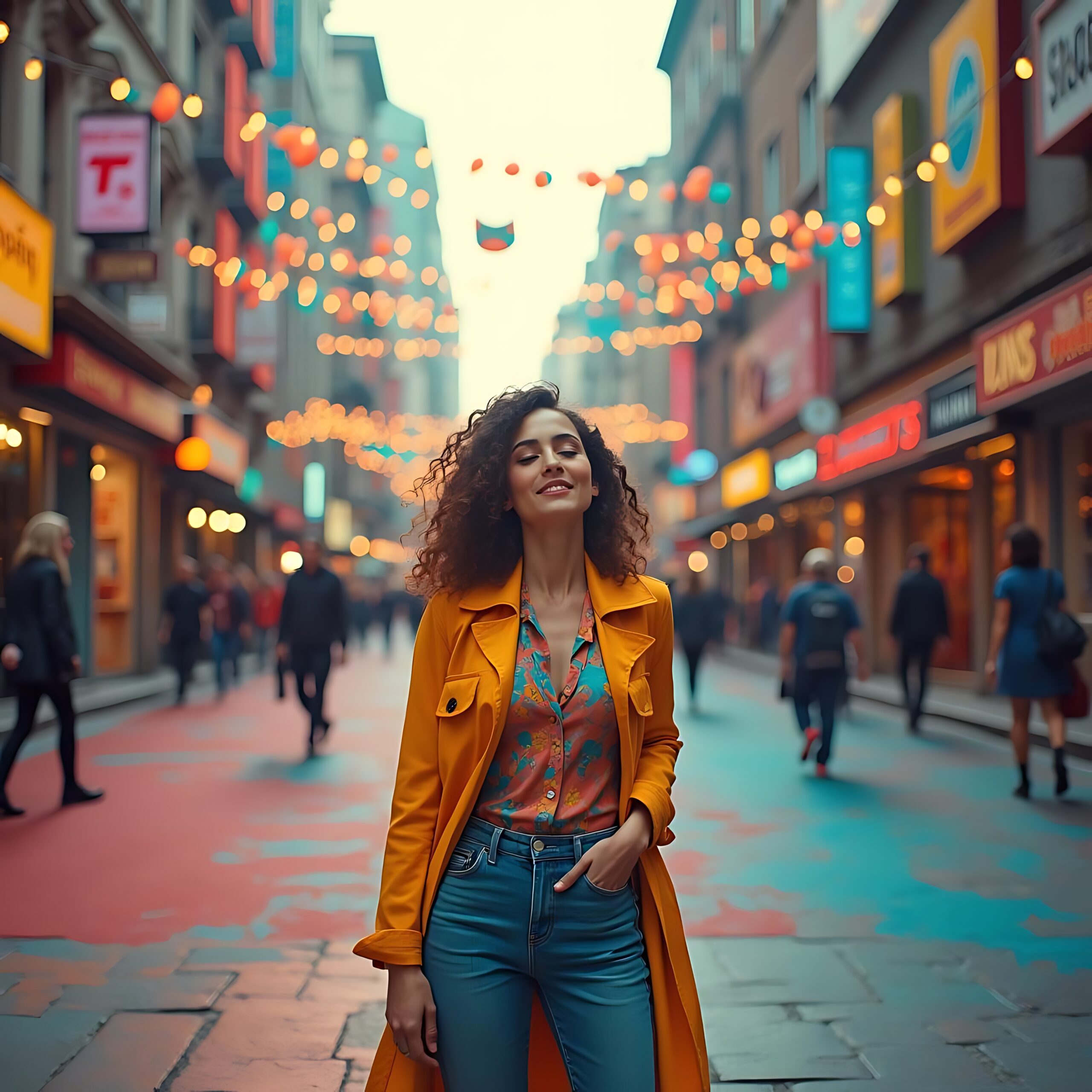 Inicio in the middle of a city street, a young woman pauses