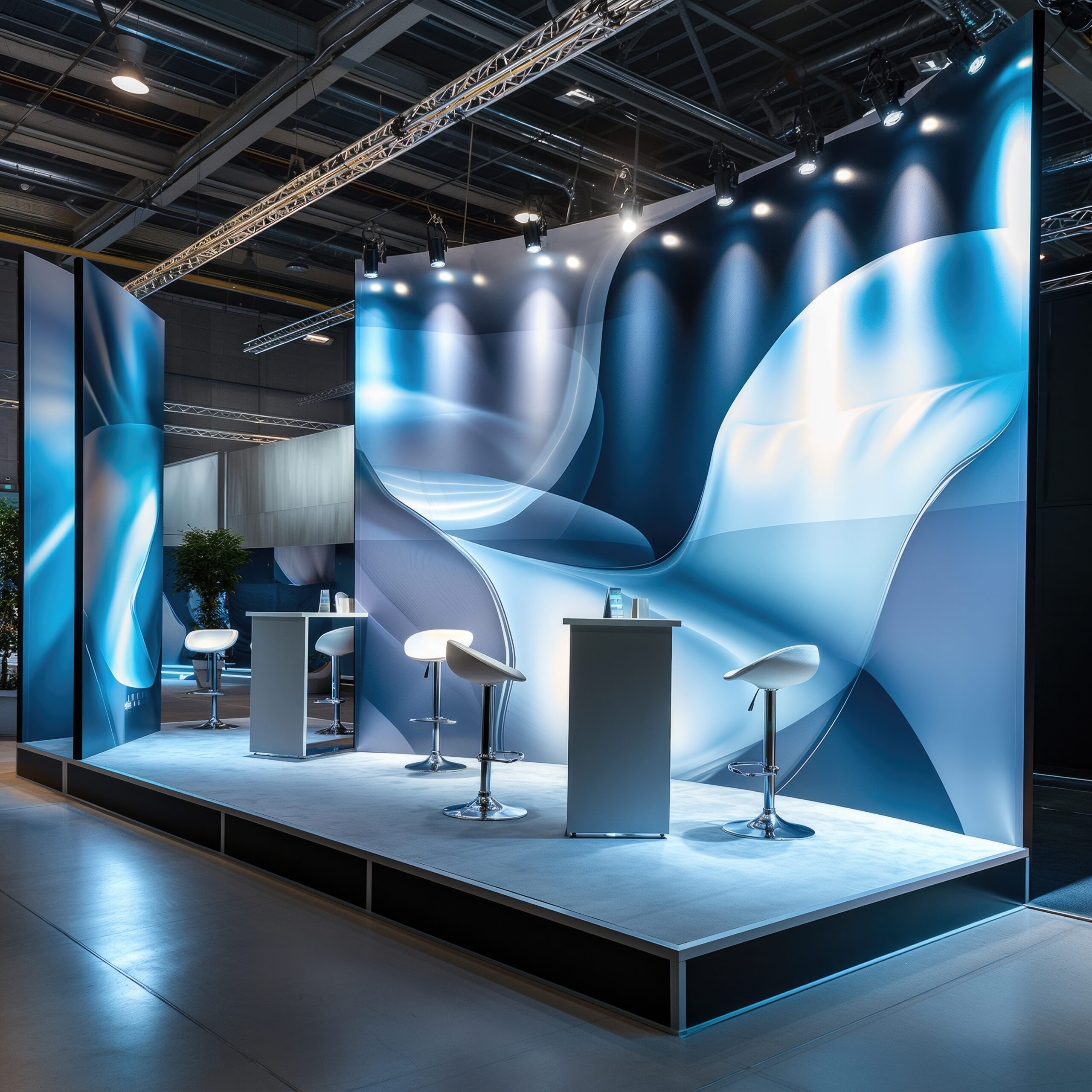 Destinos modern exhibition booth with sleek blue wave design and minimalist seating