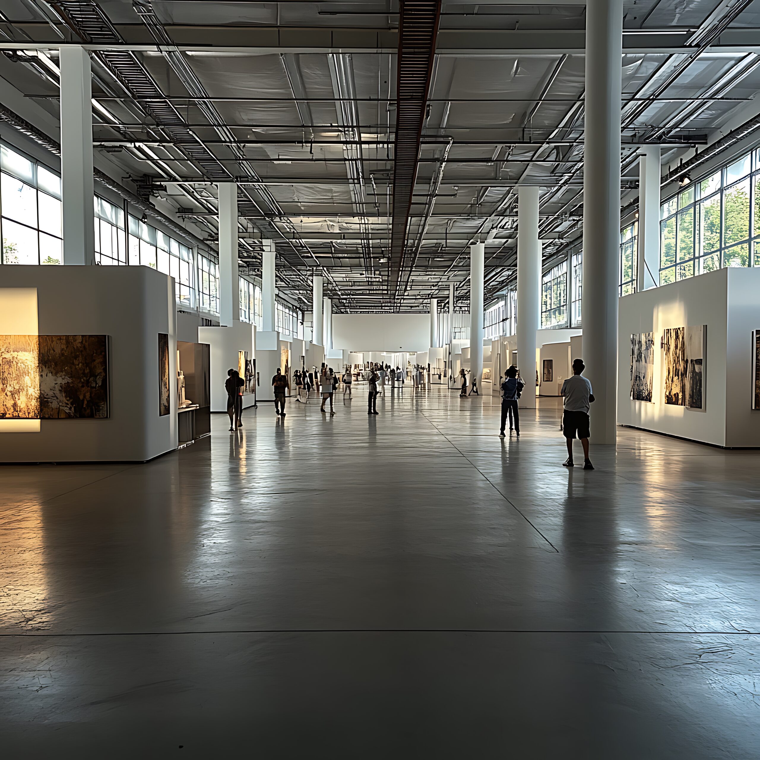 Servicios people are walking around in a large room with many paintings