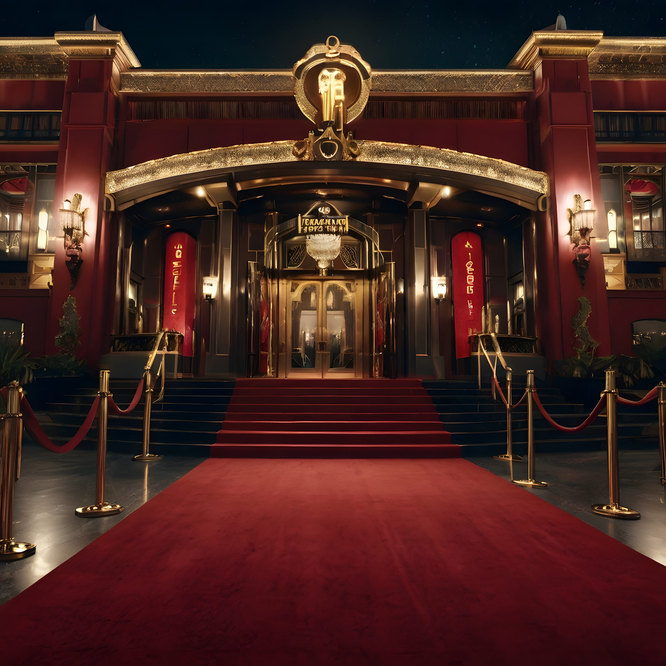 Destinos red carpeted stage with sign that says entrance building