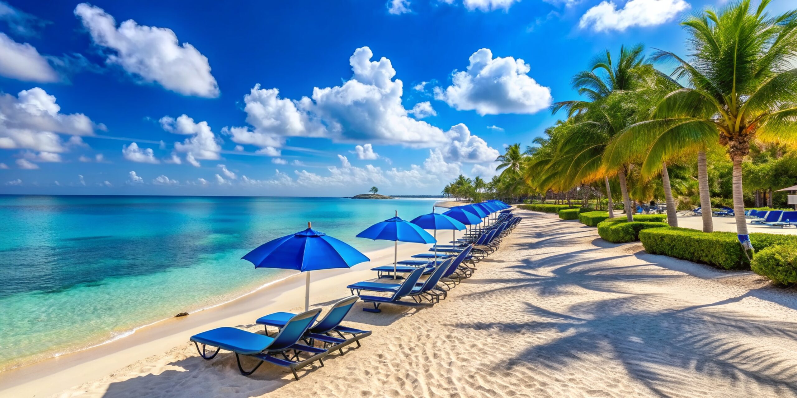 Inicio serenity grand cayman beach beach deck chairs blue umbrellas caribbean waters edge