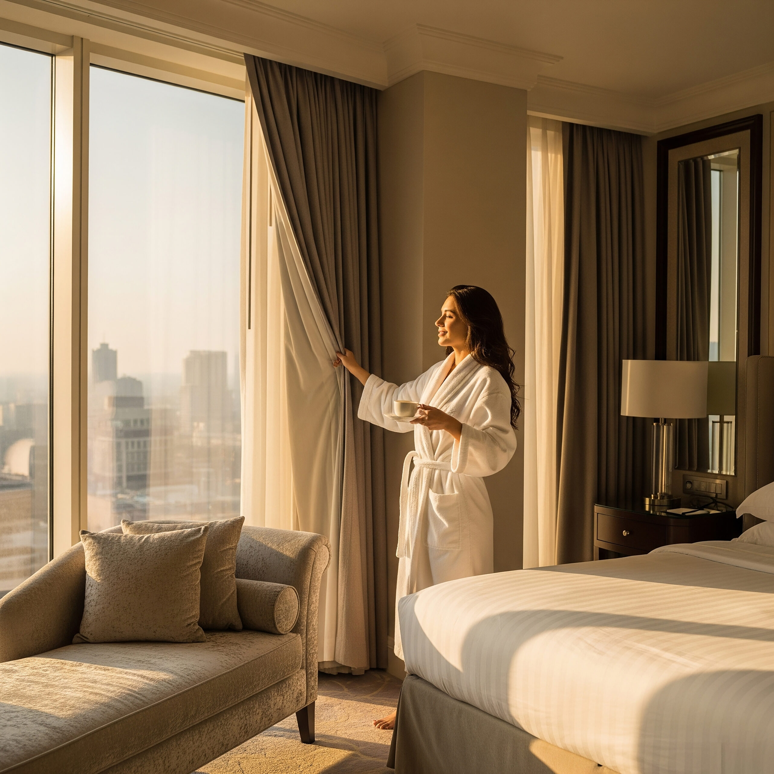 Servicios woman luxurious hotel room enjoying morning view